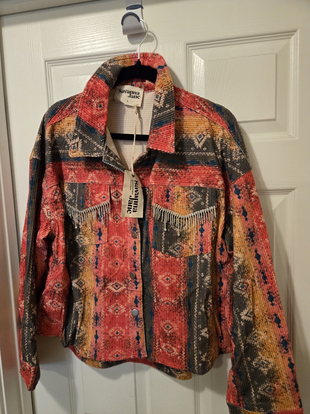 Savanna Jane Women's Red Patterned Fringe Corduroy Jacket - Picture 9 of 12